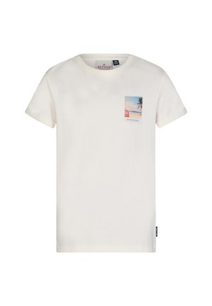 Crème-kleurig katoenen t-shirt met korte mouwen, met een vierkante palmboomafbeelding aan de linkerkant en een label rechts onderaan.