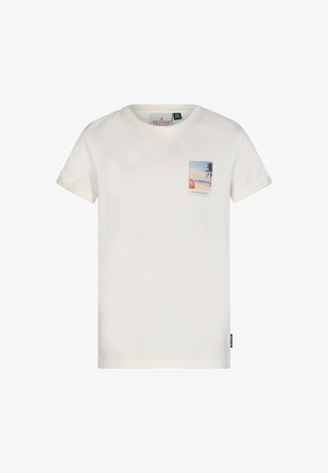 Cream-colored cotton t-shirt with short sleeves, featuring a square palm tree graphic on the left side and a tag on the bottom right.