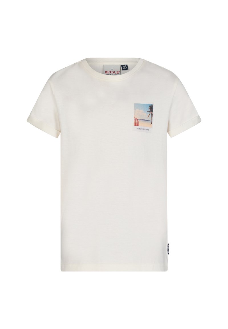 Kremowy bawełniany t-shirt z krótkim rękawem, z kwadratową grafiką palmy po lewej stronie i metką w dolnym prawym rogu.