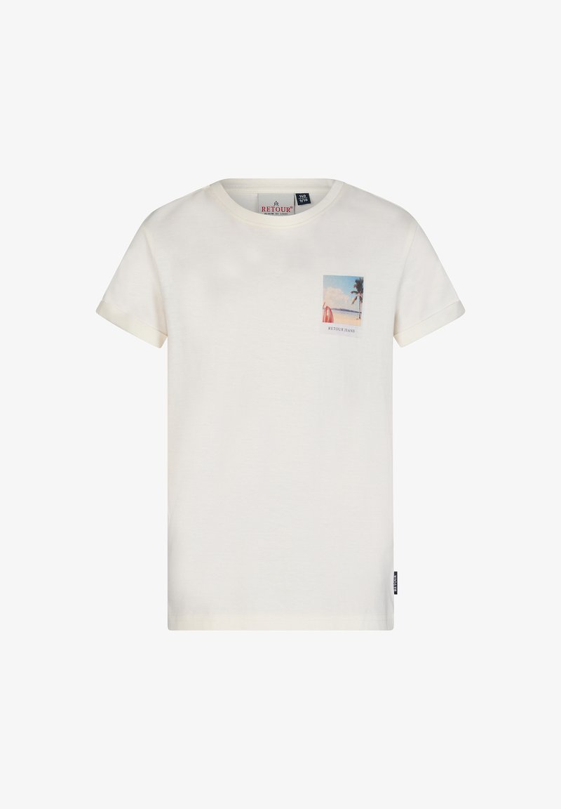 Kremowy bawełniany t-shirt z krótkim rękawem, z kwadratową grafiką palmy po lewej stronie i metką w dolnym prawym rogu.