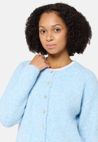 Hellblauer, flauschiger Cardigan mit rundem Ausschnitt, gerippten Bündchen und fünf Knöpfen zum Schließen. Weiche Textur mit dezenten Sprenkeln.