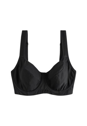 Musta toppaliivit, joissa on leveät säädettävät olkaimet ja verkkopaneelien yksityiskohdat kupeissa ja sivuilla, suunniteltu tukemaan ja tarjoamaan mukavuutta.