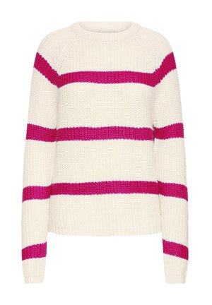 Pulover tricotat, crem cu dungi roz îndrăznețe. Decolteu rotund, mâneci lungi și croi lejer. Țesătura texturată adaugă interes vizual.