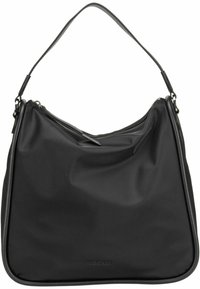 Czarna torba na ramię wykonana z gładkiego nylonu. Charakteryzuje się zaokrąglonym kształtem, zamknięciem na górny zamek błyskawiczny oraz szczupłym paskiem na ramię. Logo z przodu.