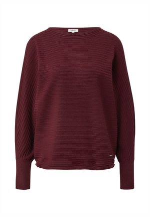 Bordeauxroter Rippsweater mit weitem Ausschnitt und langen Ärmeln. Verfügt über eine lockere Passform und ein kleines metallisches Markenschild am Saum.