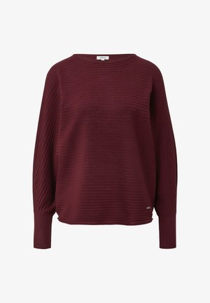 Bordeauxroter Rippsweater mit weitem Ausschnitt und langen Ärmeln. Verfügt über eine lockere Passform und ein kleines metallisches Markenschild am Saum.