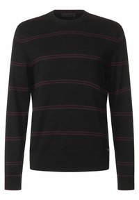 Svart långärmad tröja med horisontella mörkröda ränder, rund hals, ribbade ärmslut och nederkant, tillverkad av ett mjukt, stickat material.