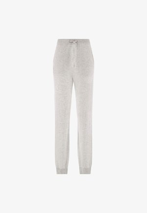 Lichtgrijze sweatpants met een zachte textuur, elastische tailleband, verstelbaar trekkoord en aansluitende manchetten. Eenvoudig ontwerp zonder patronen of accenten.