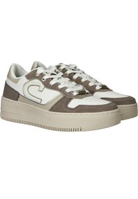 Witte en bruine lage sneakers met leren en suède materialen, een gevoerde zool, ronde veters en een opvallende logodetail.