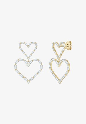 Gold-tone earrings shaped like hearts, featuring alternating baguette-cut clear stones. Two hearts in graduated sizes with a polished finish.