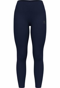 Marineblaue Sportleggins aus dehnbarem Material. Sie verfügen über einen hohen Bund und ein kleines Logo auf der linken Seite. Glatte Textur.