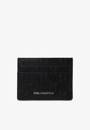 Black leather card holder embossed with repeated KL initials and silver KARL LAGERFELD logo on front with card slots.