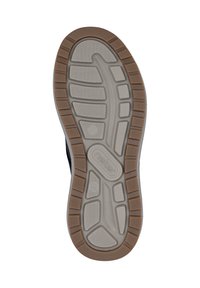 Semelle de chaussure flexible avec une surface grise texturée et un bord extérieur en caoutchouc marron, présentant un motif de semelle en zigzag pour une meilleure adhérence.