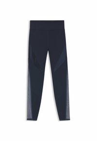 Navy blue athletic leggings with high waistband, featuring mesh panels along the lower outer legs and shiny fabric accents.