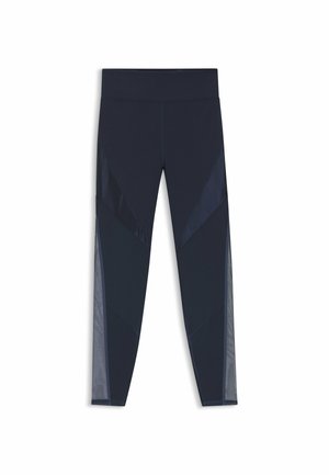 Leggings sportivi blu navy con fascia alta in vita, caratterizzati da pannelli in mesh lungo la parte esterna inferiore delle gambe e dettagli in tessuto lucido.