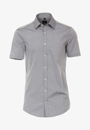 Kurzärmeliges, knöpfbares Hemd aus hellgrauem Stoff, mit klassischem Kragen, einer Brusttasche und gerader Saumlinie.
