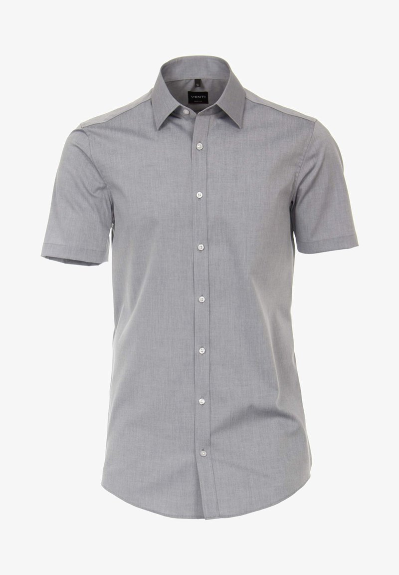 Kurzärmeliges, knöpfbares Hemd aus hellgrauem Stoff, mit klassischem Kragen, einer Brusttasche und gerader Saumlinie.