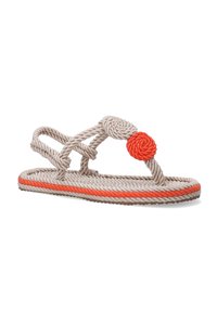Rope sandal featuring beige woven material with an orange circular knot and accented trim. Flat sole with textured grip for traction.