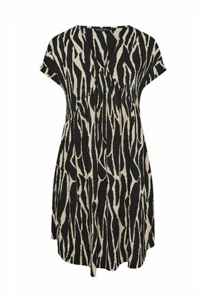 Zwart-beige zebraprint jurk met korte mouwen, V-hals en licht geplooide taille, knielengte, losvallend ontwerp.