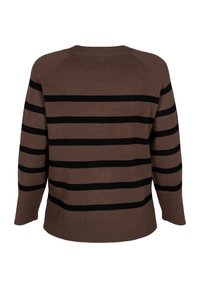 Maglione a maglia marrone con strisce orizzontali nere, collo a giro e maniche raglan. Texture morbida con polsini e orlo a coste.