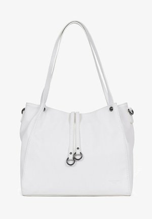 White synthetic handbag with two long handles, a drawstring closure, and silver-tone hardware accents, presenting a smooth texture and minimalist design.