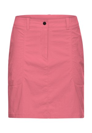 Jupe rose en tissu léger, présentant une silhouette droite, deux poches latérales, une fermeture éclair sur le devant et un seul bouton à la ceinture.