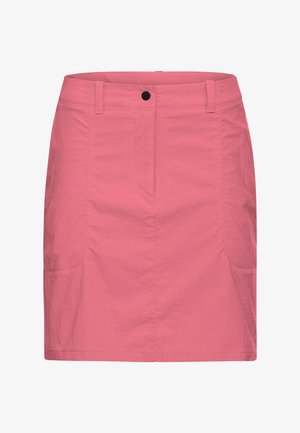 Jupe rose en tissu léger, présentant une silhouette droite, deux poches latérales, une fermeture éclair sur le devant et un seul bouton à la ceinture.