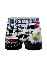 Boxer-briefs pour hommes avec un design d'aigle et les couleurs du drapeau américain. Tissu doux, coupe ajustée, et une large ceinture élastique avec du texte.