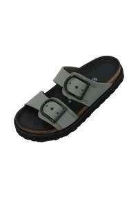Sandale à double bride en simili cuir gris avec des accents de boucles noires, semelle intermédiaire en liège et semelle en caoutchouc noir texturé.