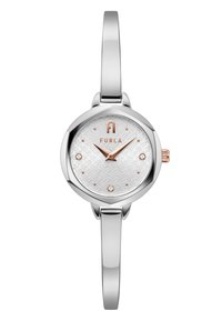Montre Furla avec bracelet en métal argenté, boîtier rond, cadran blanc à motif, accents en or rose et index en cristal.