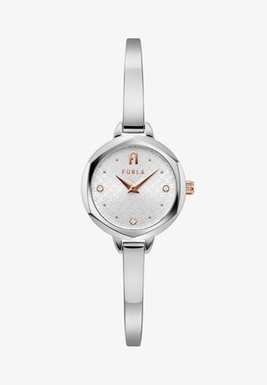 Montre Furla avec bracelet en métal argenté, boîtier rond, cadran blanc à motif, accents en or rose et index en cristal.