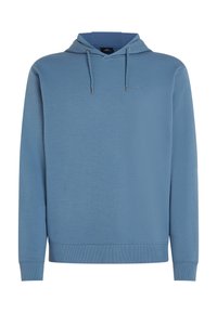 Blue cotton hoodie with a drawstring hood, front kangaroo pocket, ribbed cuffs, and hem; features a small logo on the chest.