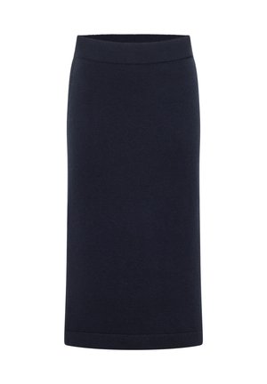 Marineblaue knielange gerade Rock mit geripptem elastischen Bund und schlichter Saum, aus einfarbigem Strickstoff.