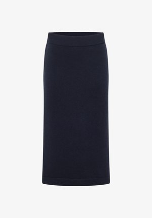 Navy blue knee-length straight skirt with ribbed elastic waistband and simple hem, plain knit fabric.