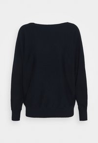 Navy blue sweater featuring a wide neckline, long sleeves, and ribbed cuffs and hem. Made from soft, textured fabric. No visible patterns.