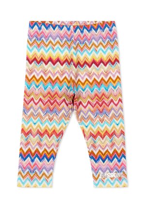 Leggings con motivo a zigzag colorato con una combinazione di tonalità rosse, blu, gialle, rosa e marroni, con il logo "Missoni" vicino all'orlo.
