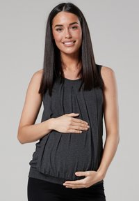 Dark gray sleeveless maternity top with a gathered design at the front, elastic hem, and soft fabric for comfort.