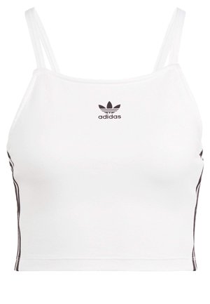 Balta trumpa tankų palaidinė su plonomis petnešėlėmis, juodas Adidas logotipas krūtinėje ir juodos šoninės juostelės. Pagaminta iš tamprių, lygaus audinio.