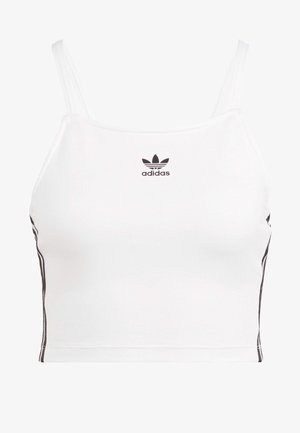 Vit avklippt linne med tunna remmar, svart Adidas-logotyp på bröstet och svarta sidränder. Tillverkat av elastisk, slät tyg.