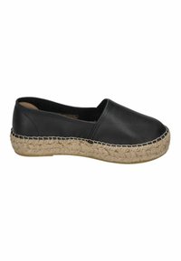 Black leather espadrille shoe featuring an espadrille-style jute sole, slip-on design, and a smooth texture with stitching accents.