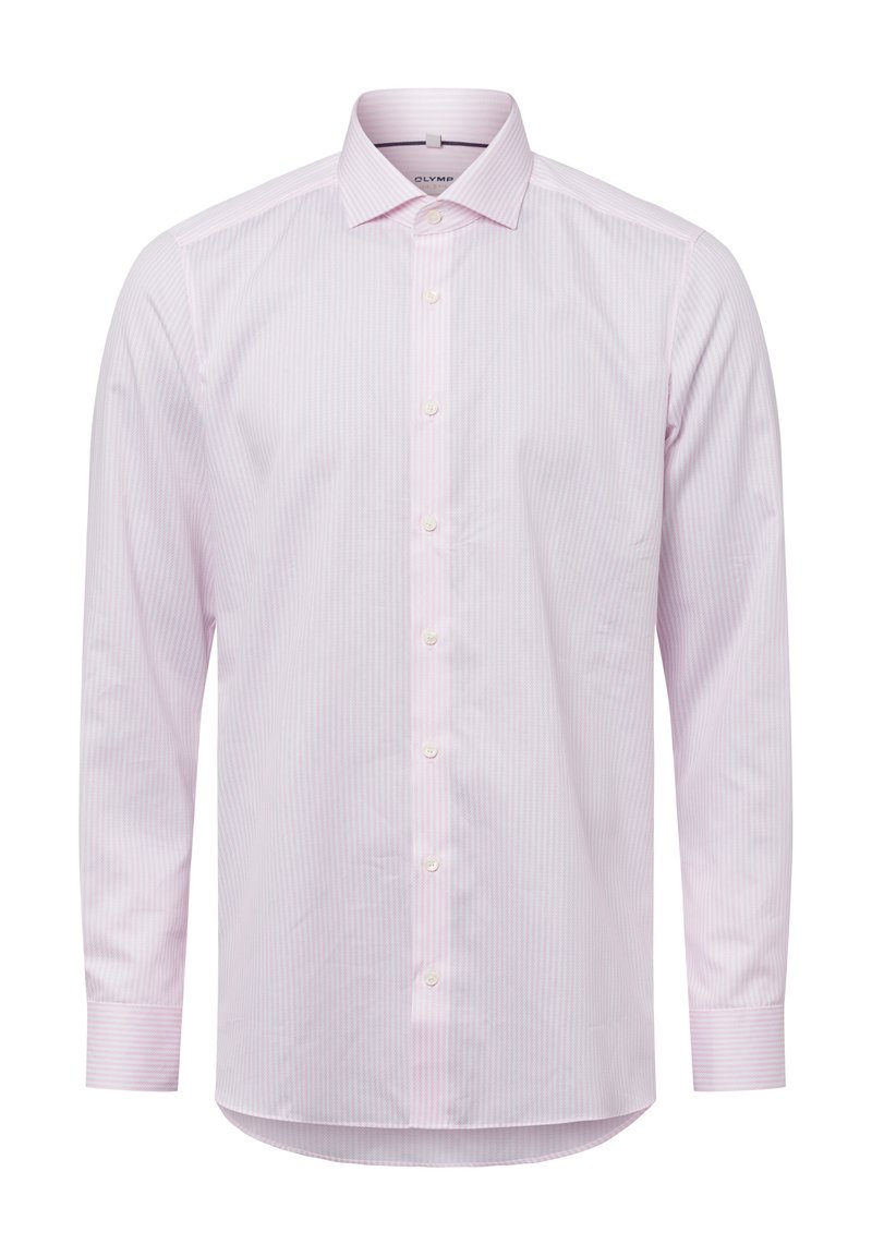 Helles rosa Langarmshirt mit weißen vertikalen Streifen, klassischem Kragen und vorderer Knopfleiste mit weißen Knöpfen. Glatte Stofftextur.