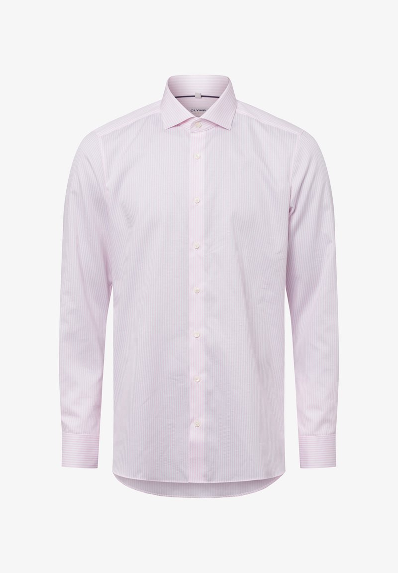 Helles rosa Langarmshirt mit weißen vertikalen Streifen, klassischem Kragen und vorderer Knopfleiste mit weißen Knöpfen. Glatte Stofftextur.