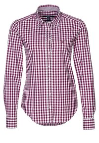 Camicia button-up a maniche lunghe in pattern gingham bordeaux e bianco, con colletto classico, silhouette aderente e logo ricamato sul petto.