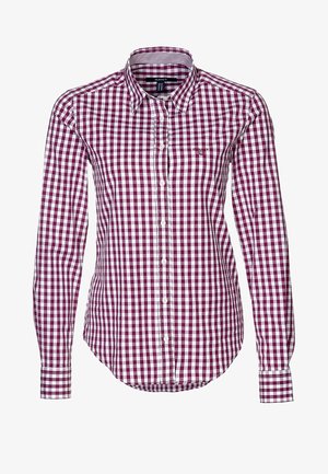 Langarm overhemd met een bordeauxrood en wit ruitpatroon, voorzien van een klassieke kraag, getailleerde pasvorm en geborduurd logo op de borst.
