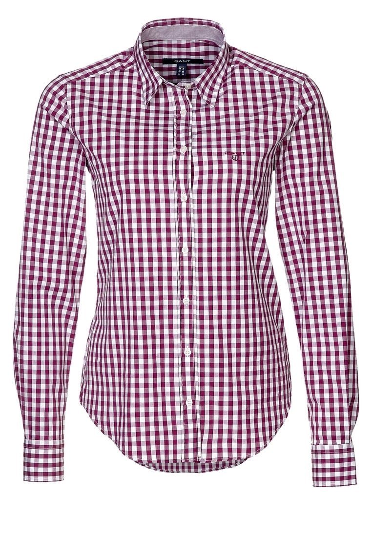 Camicia button-up a maniche lunghe in pattern gingham bordeaux e bianco, con colletto classico, silhouette aderente e logo ricamato sul petto.