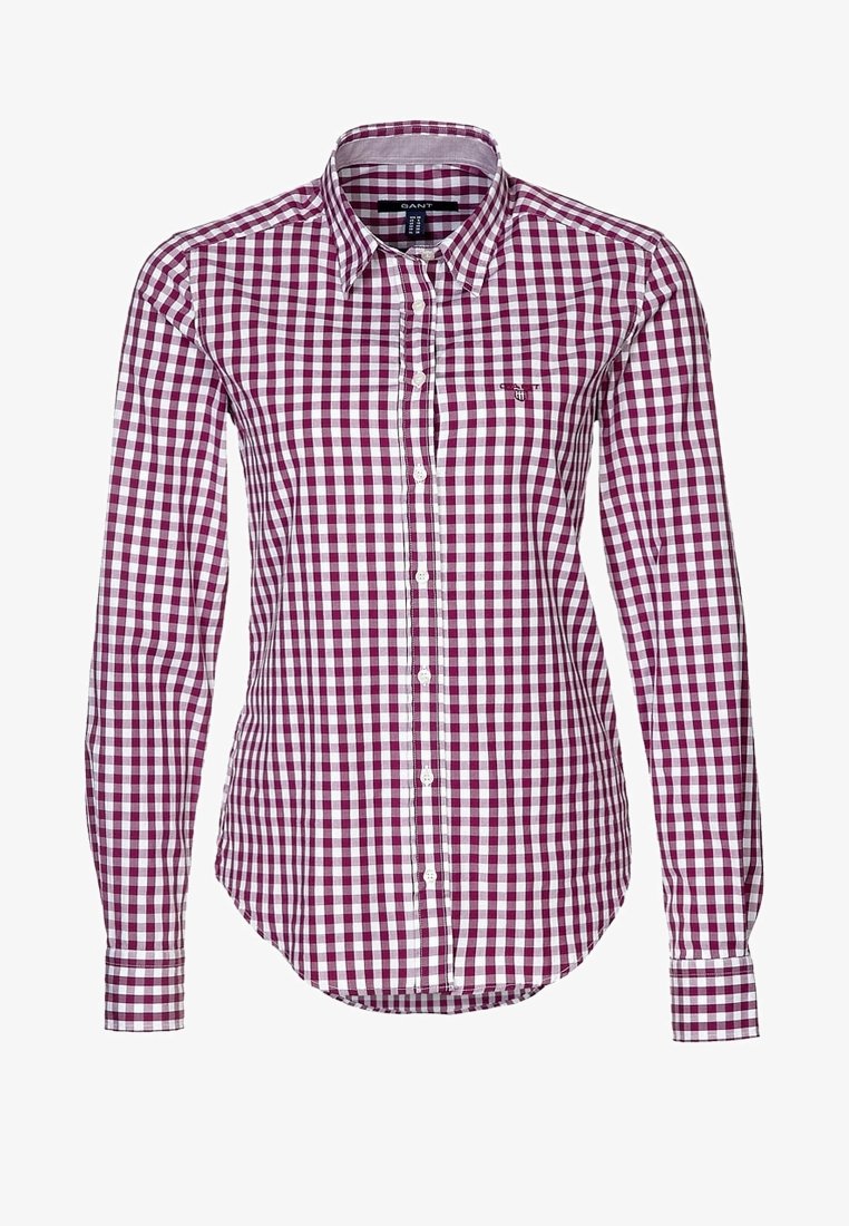 Camicia button-up a maniche lunghe in pattern gingham bordeaux e bianco, con colletto classico, silhouette aderente e logo ricamato sul petto.