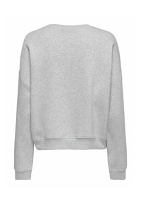 Lys grå langærmet crewneck sweatshirt med ribbede manchetter og kant, vist fra ryggen på en hvid baggrund.