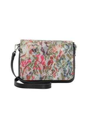 Käsilaukku, jossa on teksturoitu monivärinen kukkakuosi, mustat reunat ja irrotettava hihna olka- tai crossbody-käyttöön.
