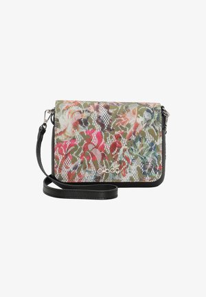 Bolso de mano con un patrón floral texturizado multicolor, bordes negros y una correa desmontable para llevarlo al hombro o cruzado.