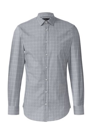 Grijze button-up shirt met een geruite print, lange mouwen, kraag en een slim fit. Gemaakt van lichtgewicht stof met een gladde textuur.